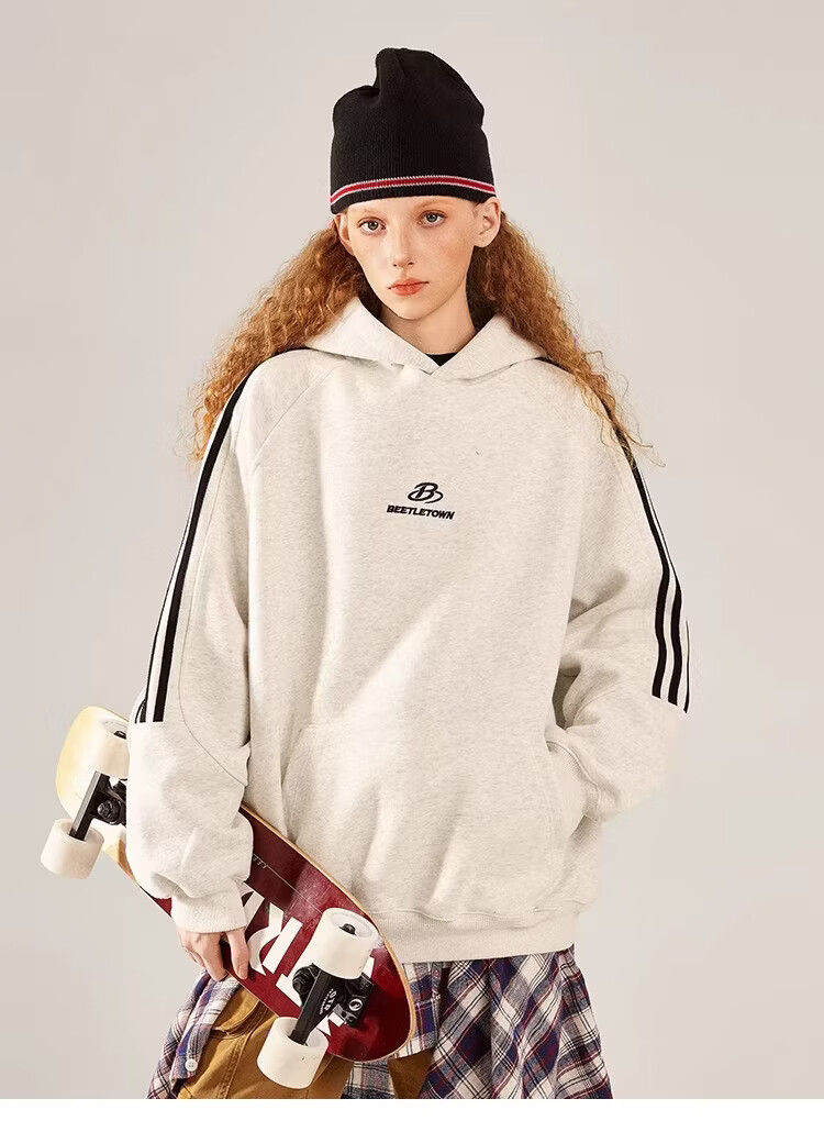 BEETLE TOWN American Style Striped Gray Raglan Sleeve Sweatshirt Women Spring New Versatile Couple Top Heather Gray M 10