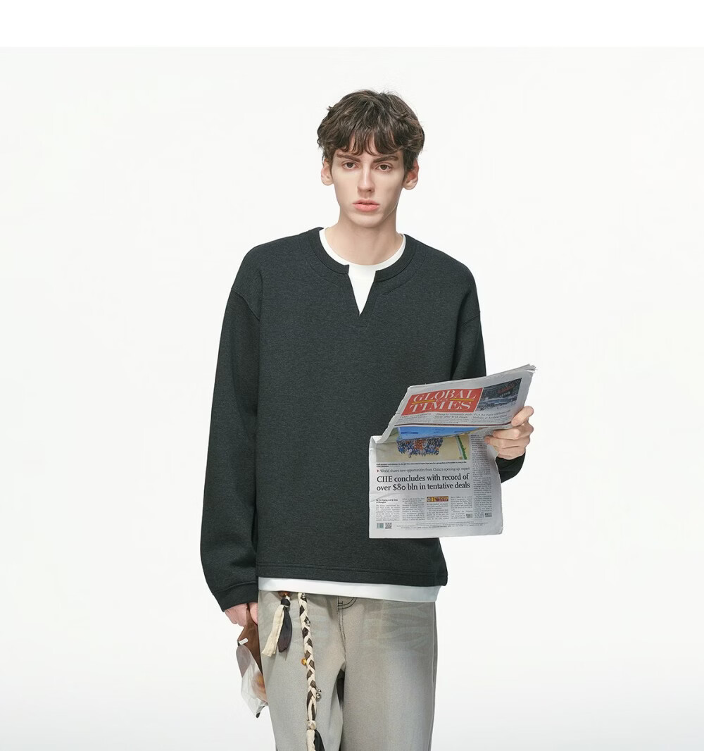 DREAM MADE American Style Two-in-One V-Neck Sweatshirt Men Spring New Heavyweight Inner Shirt Black M 22