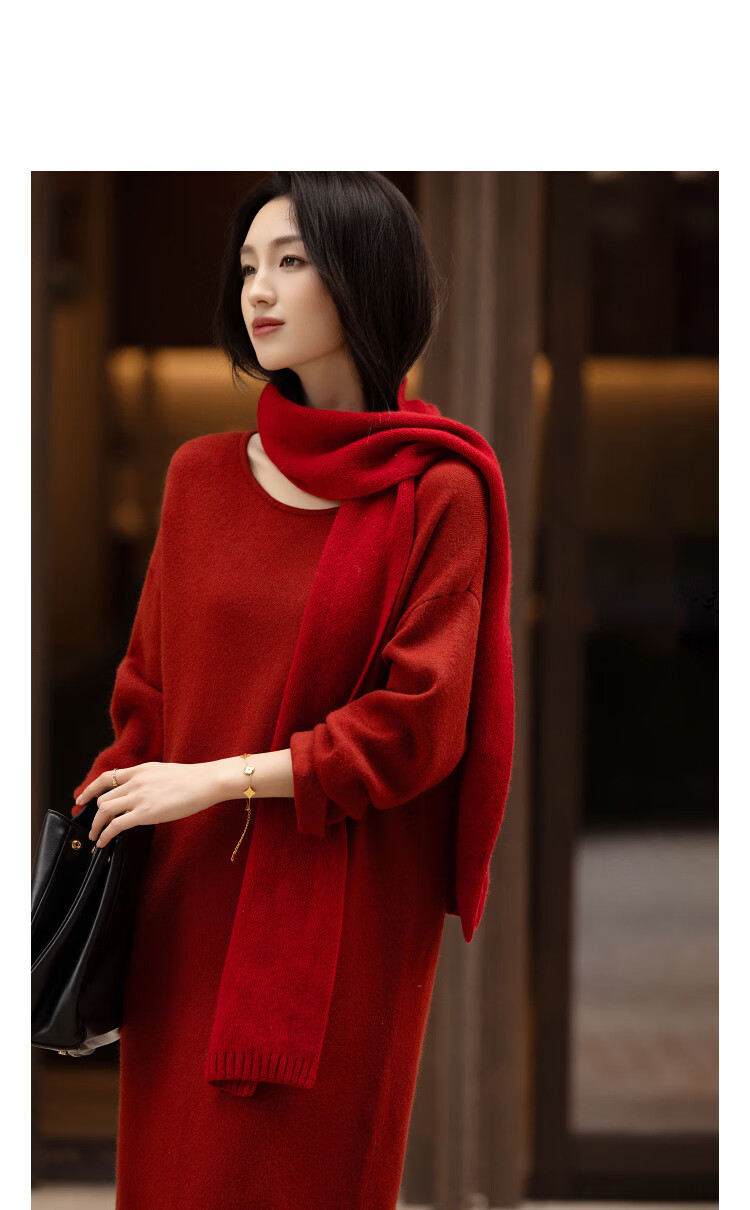 Demana Warm Soft Yarn Winter Elegant Round Neck Drop Shoulder Cuff Tassel Women's Knit Dress 8