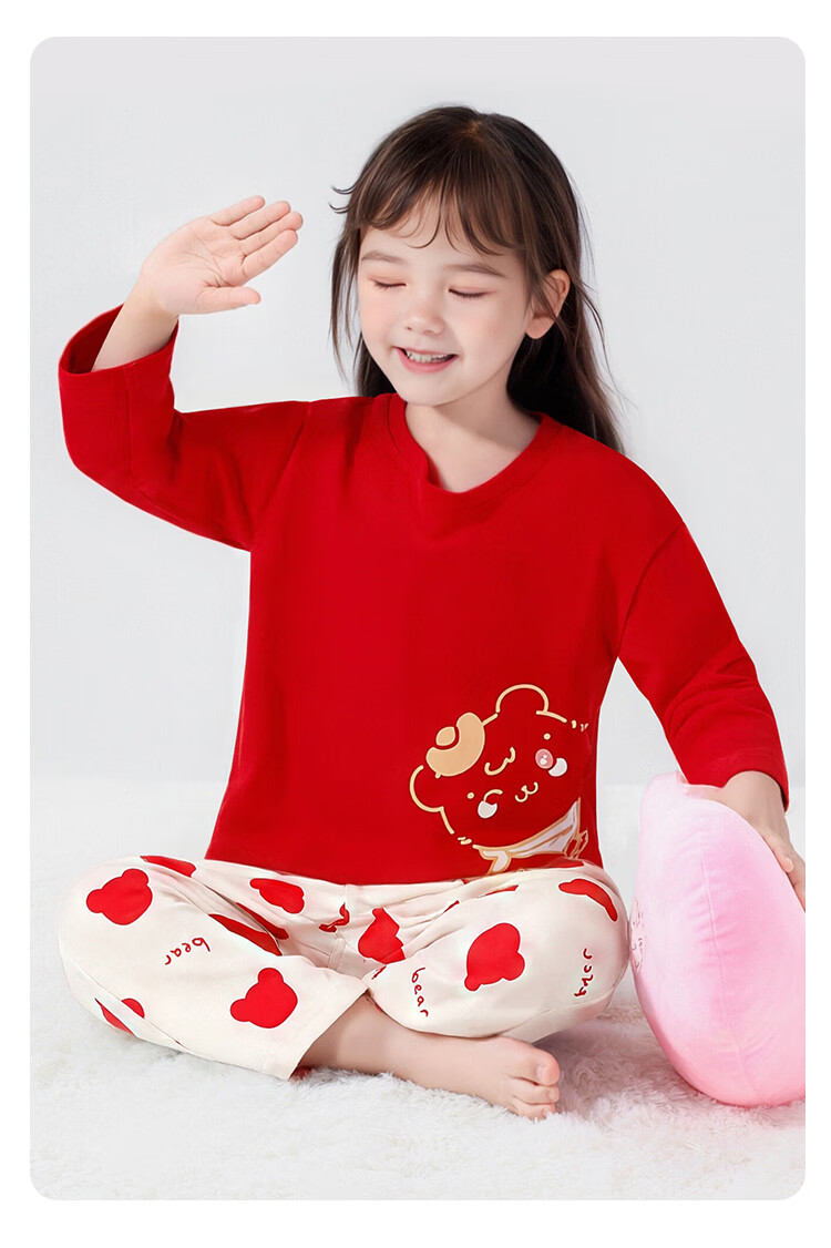 Classic Teddy Kids Pajamas Boys Girls Homewear Red Year Long Sleeve Set Cotton Breathable 2-Piece Set Little Rabbit 110 6