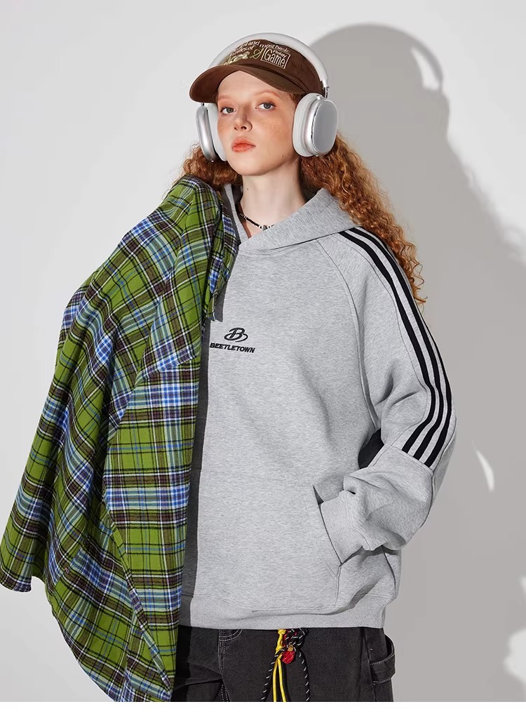 BEETLE TOWN American Style Striped Gray Raglan Sleeve Sweatshirt Women Spring New Versatile Couple Top Heather Gray M 19