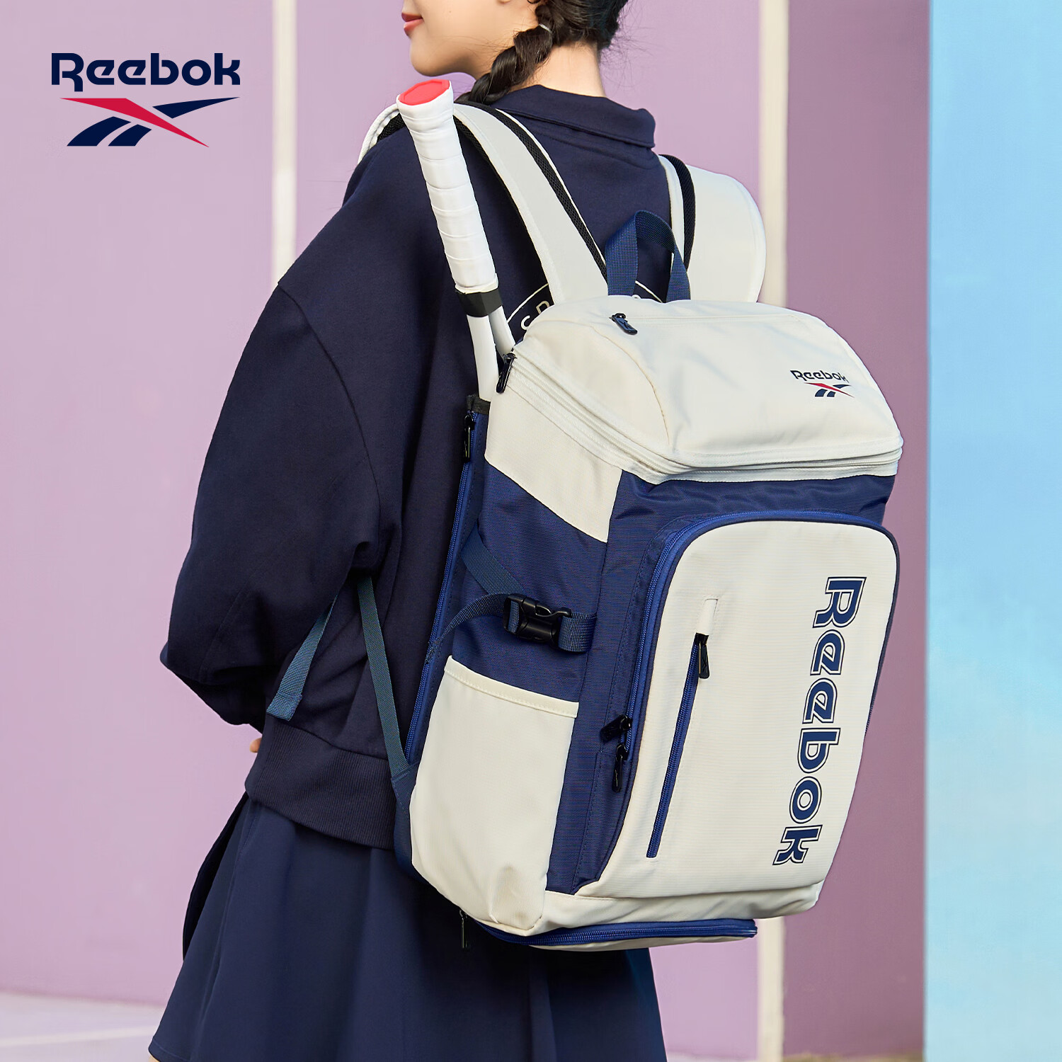 Reebok Badminton Backpack Men's Outdoor Double Shoulder Professional Tennis Training Bag Women's Racket Sports Bag Blue and White
