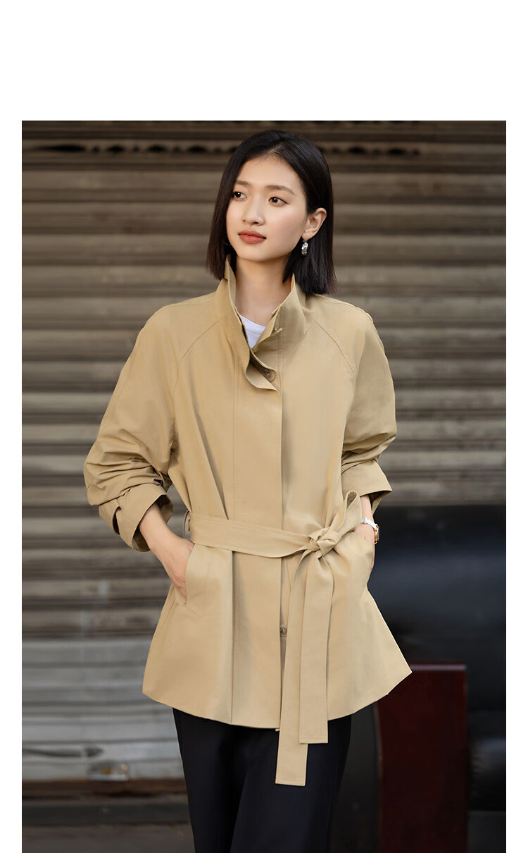 Dme [City Light Travel] Spring Healing Buff Stand Collar Cotton-Nylon Twill Long Loose Women's Trench Coat 13
