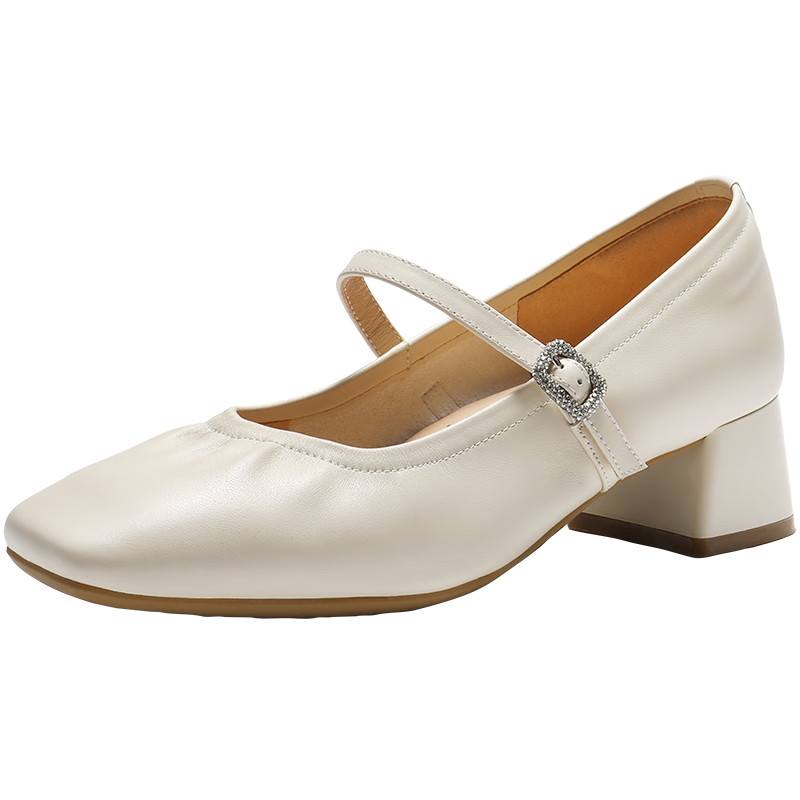 Belle Romantic Thousand Gold Elegant Mary Jane Women's Shoes, Summer New Casual Genuine Leather Flats JD019, Beige with Rhinestone Buckle Strap, Size 34