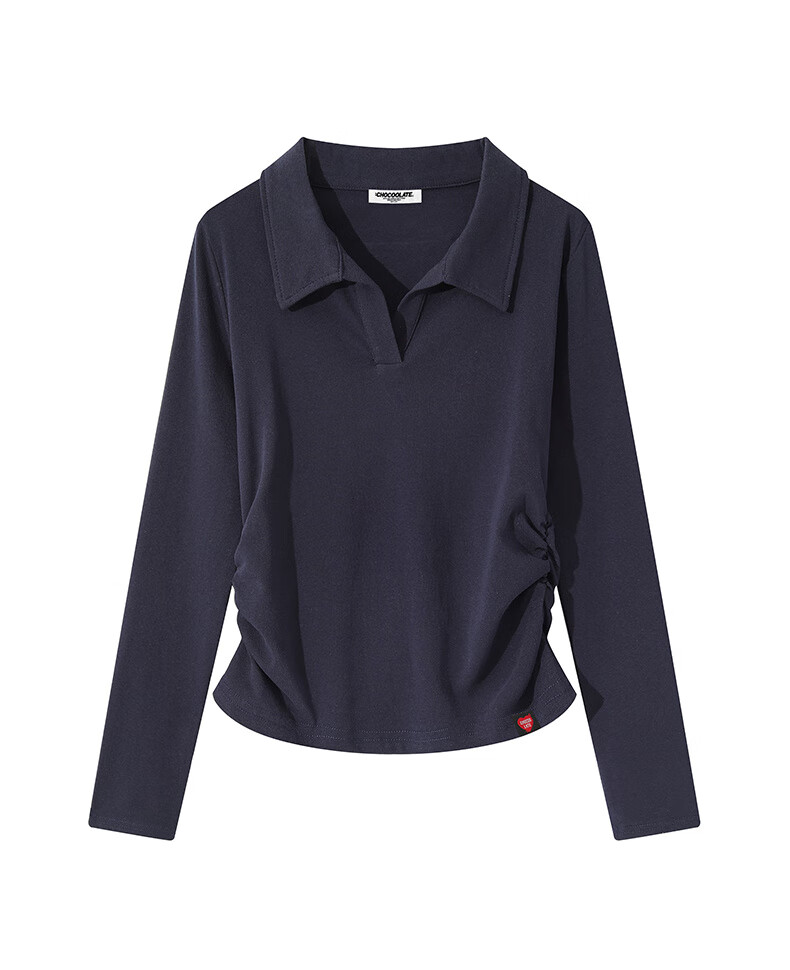 :CHOCOOLATE IT Lapel Shoulder Long Sleeve T-Shirt Women Short Pleated Waist Summer New Base Shirt Top White L 33
