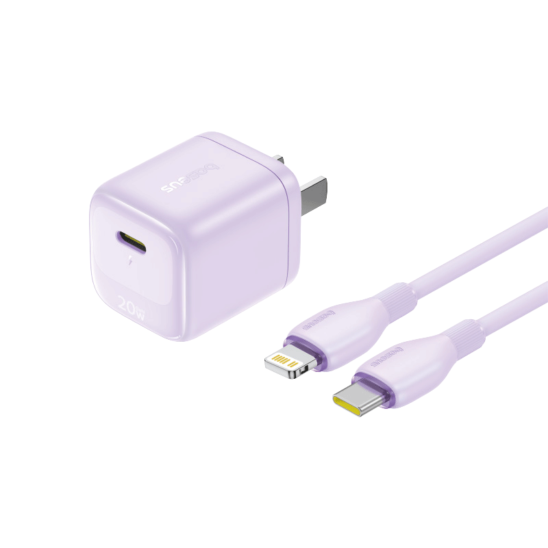 Baseus Little Ice 20W GaN Apple Charger Set for iPhone 8-14 with Lightning Port 1.5m PD Fast Charging Cable Purple