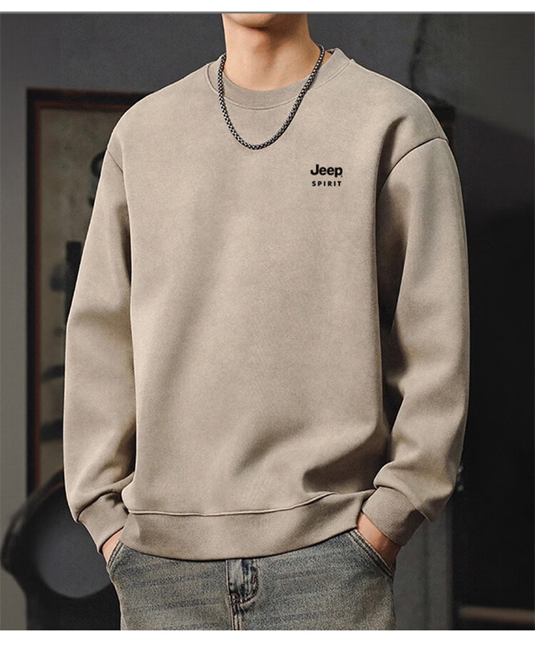 JEEP SPIRIT Men's Heavyweight Sweatshirt Spring American Vintage Long Sleeve Crew Neck T-Shirt Khaki M 4