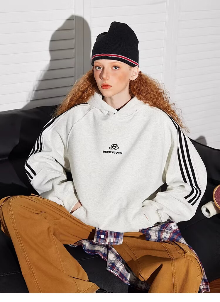BEETLE TOWN American Style Striped Gray Raglan Sleeve Sweatshirt Women Spring New Versatile Couple Top Heather Gray M 11