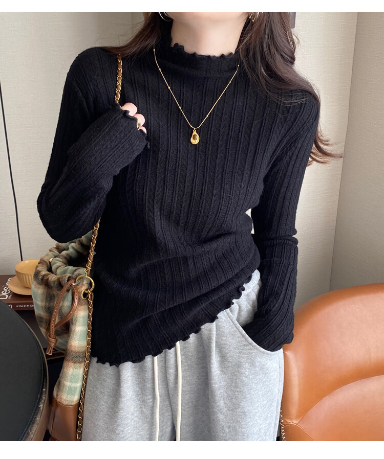 Caramella Women's 38 Goddess Festival Gift Semi-Turtleneck Ruffled Jacquard Long-Sleeve T-Shirt Spring Autumn 20