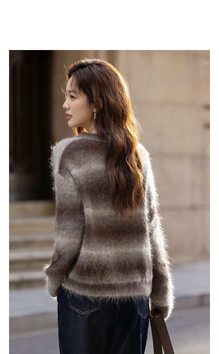 Demana Premium Alpaca Wool Blend Gradient Stripe Crew Neck Sweater Women's Fluffy Soft Knit Top Winter 11