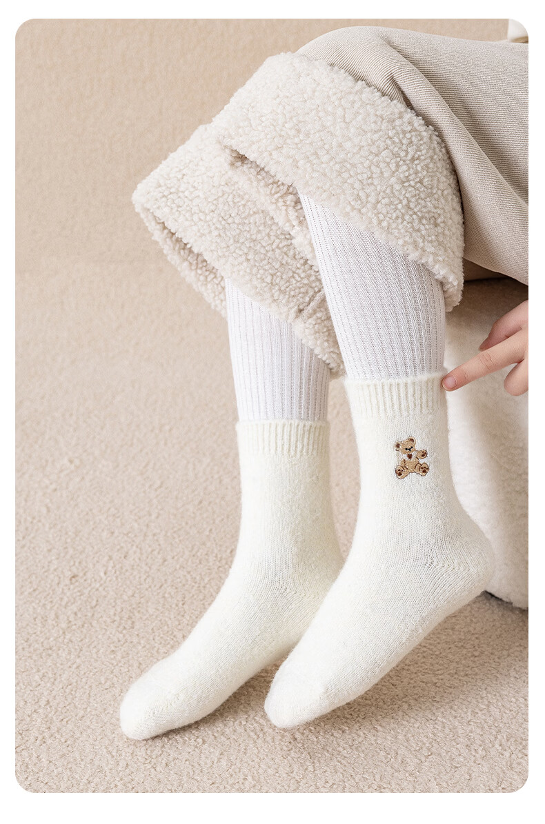 MiiOW 3 Pairs Kids Socks Autumn Winter Thickened Fleece Boys Korean Style Cartoon Bear Mid-Calf Girls Socks 8