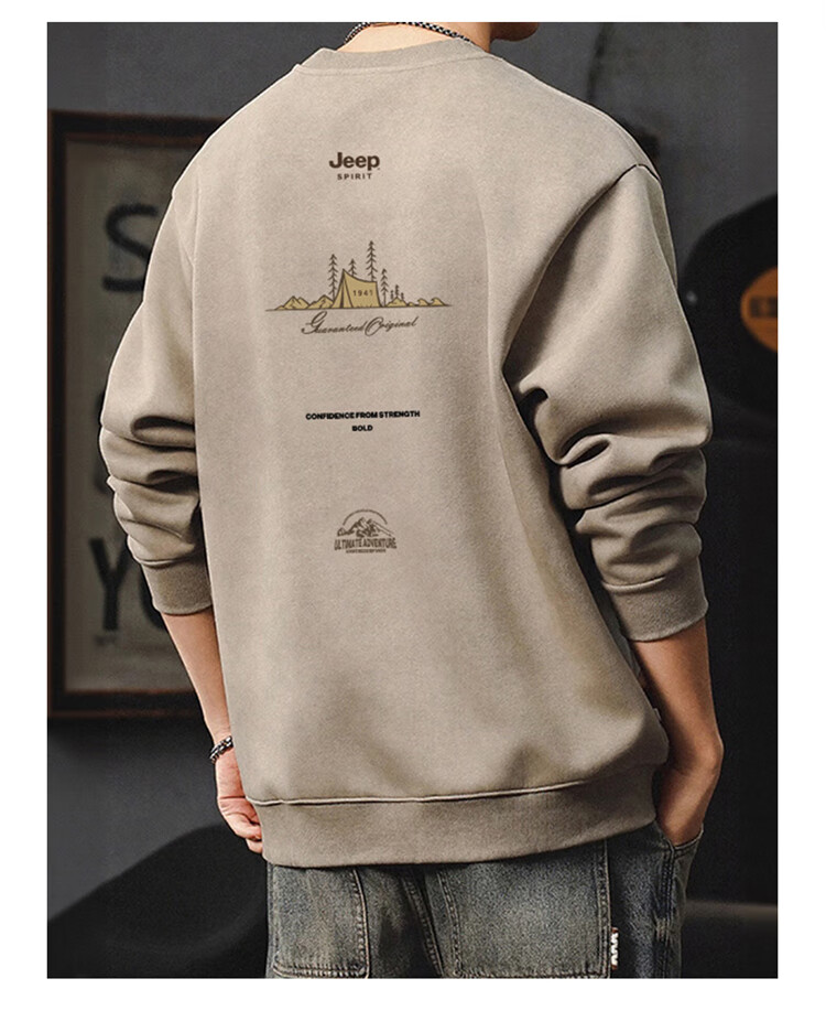 JEEP SPIRIT Men's Heavyweight Sweatshirt Spring American Vintage Long Sleeve Crew Neck T-Shirt Khaki M 5