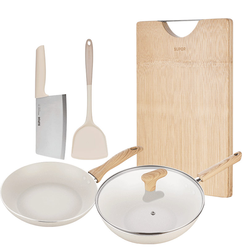 SUPOR Non-Stick Cookware Set - Frying Pan, Wok, Skillet, Flat Pan, Oil-Free Smoke Cooking Pots with Knife, Spatula, Spoon - 5-Piece Set Compatible with Gas and Induction Cooktops