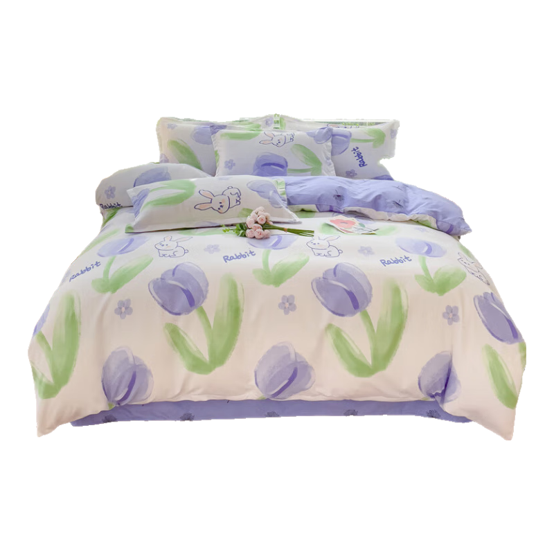 Hodo Skin-Friendly Bare Sleep Bedding Set 4-Piece for 1.5/1.8m Bed, Thickened Double Duvet Cover, Pillowcases, Bed Sheet 200x230cm Annie Little Rabbit