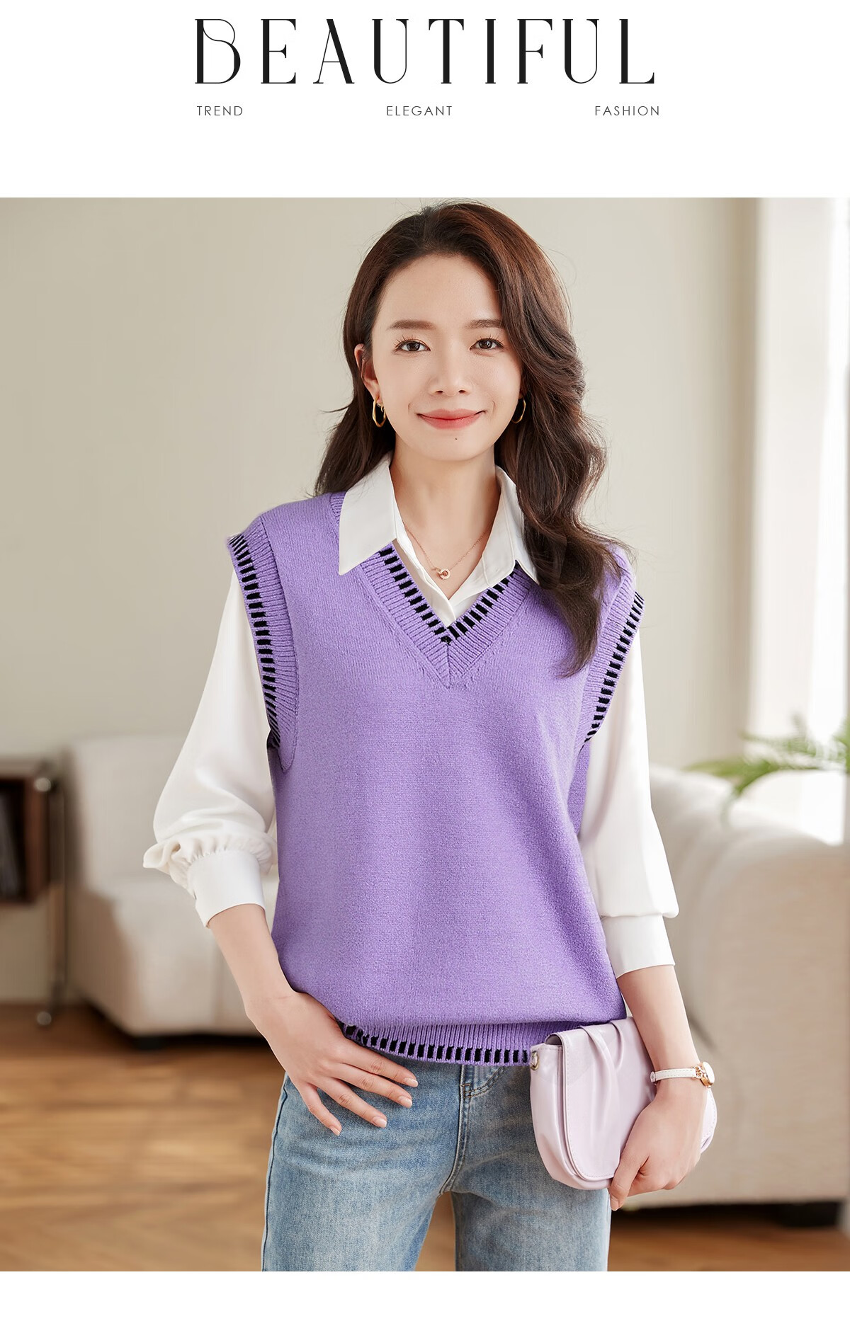 Taxiang Women's V-Neck Sleeveless Knit Vest, Fashionable Slimming Inner Layer Top T13KZ5499 18