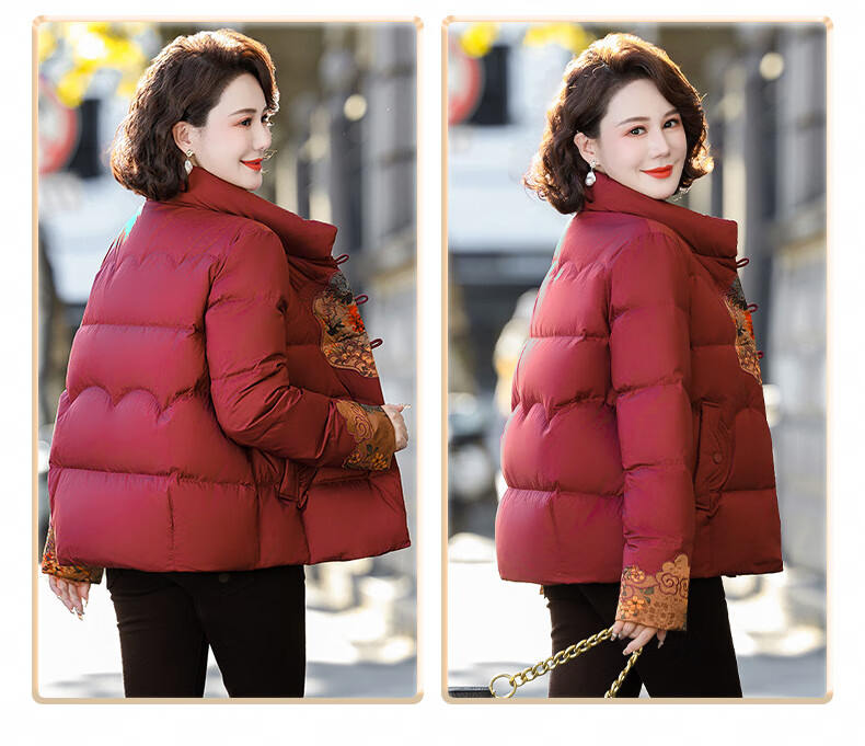 SNOWFLYING Women's Short Down Jacket 2025 Winter Loose Warm Stand Collar 90% Down Coat Mom Style Dark Red L 11