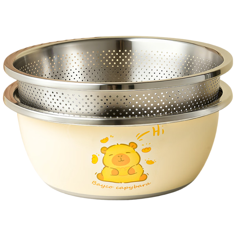 Bayco Stainless Steel 5-Piece Kitchen Bowl Set with Vegetable Washing Bowl, Seasoning Bowl, Dough Mixing Bowl, Colander, and Salad Basket BX27806
