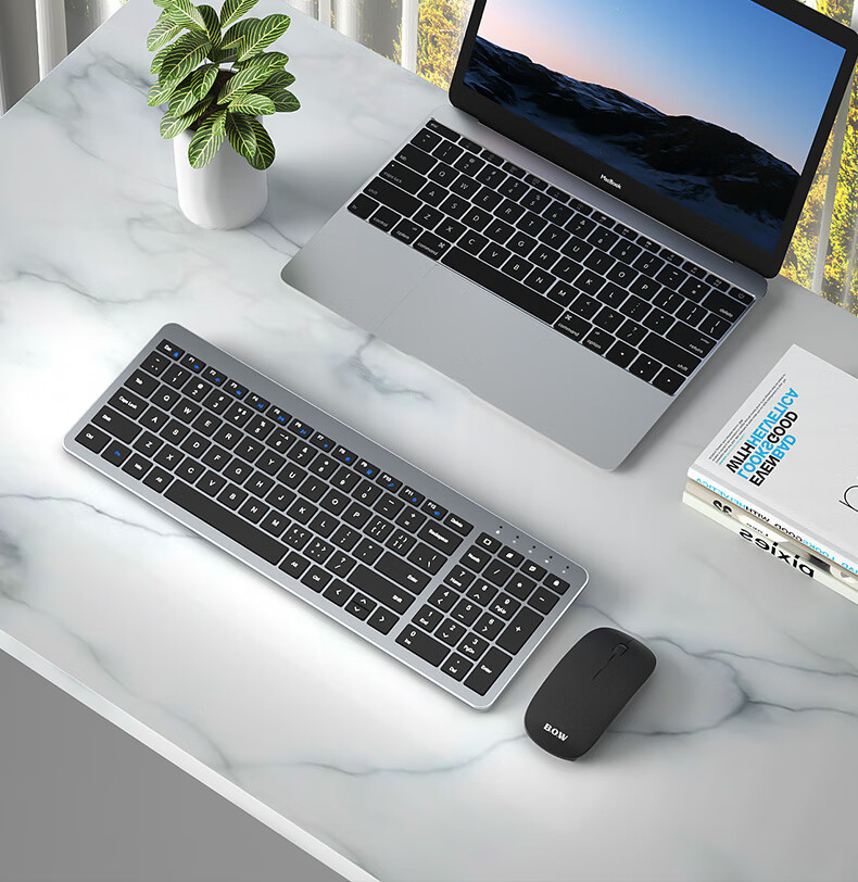 B.O.W Hangshi HW198DL-2 Rechargeable Ultra-thin Wireless Keyboard and Mouse Set for Laptop Desktop External Silent USB Small Business Office Home Use Silver White 12