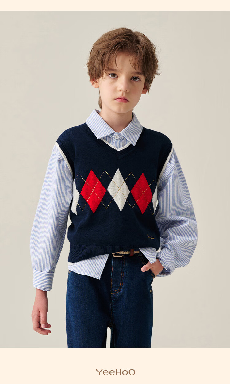 YEEHOO Boys' Vest Children's Knitted Wool Blend Pullover Sweater Spring Blue 130 13