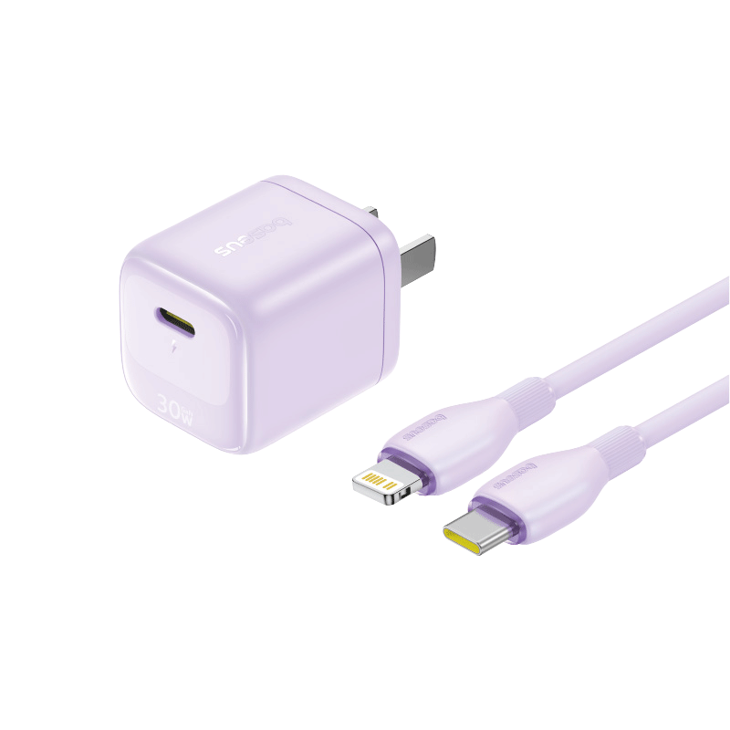 Baseus Little Ice 30W GaN Apple Charger Set for iPhone 8-14 with Lightning 20W 1.5m Fast Charging PD Adapter Purple