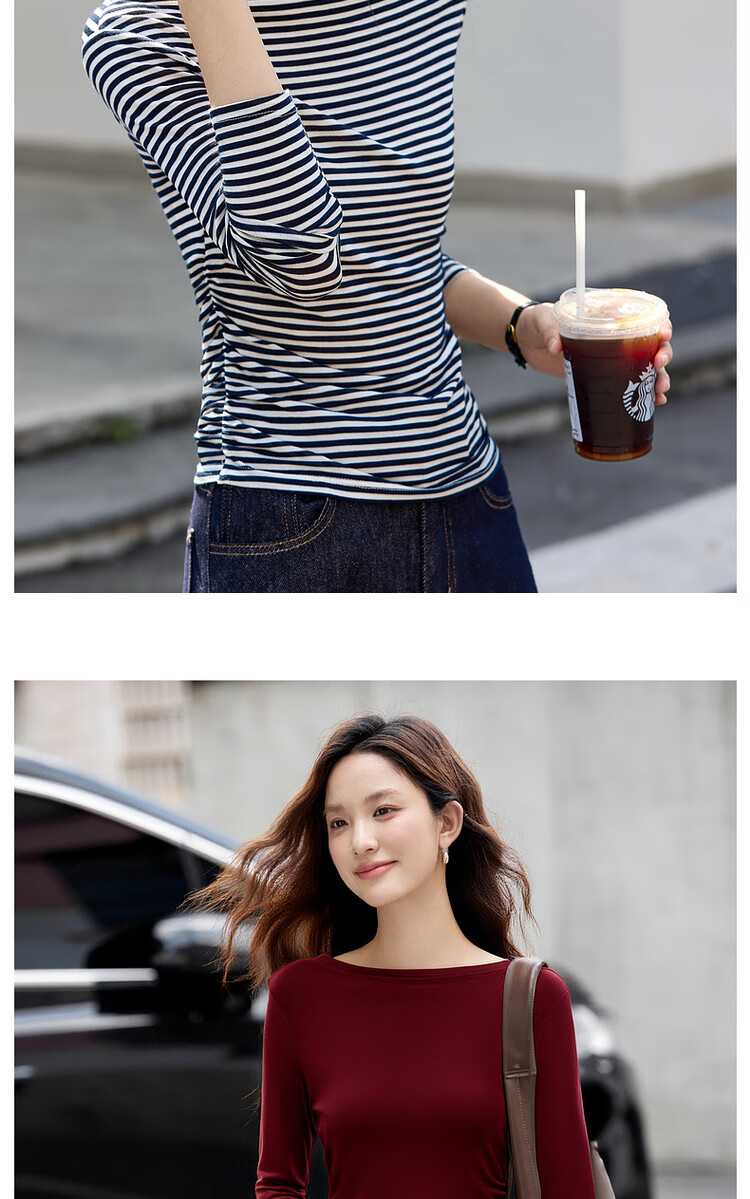 Vimly French Vintage Striped T-Shirt Women Autumn Winter Slim Fit Long Sleeve Top White Navy Stripes M 8