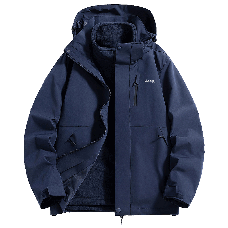 JEEP Windbreaker Jacket for Men And Women, Three-In Two-Piece Set, Warm Windproof Fleece-Lined Coat, Navy Blue, 4XL