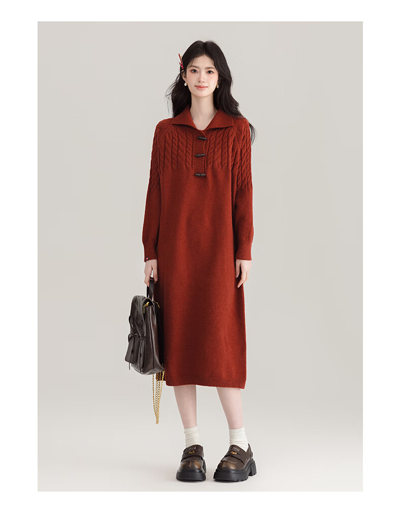 :CHOCOOLATE Women's Red Cable Knit Pullover Dress with Turn-Down Collar, Warm Sweater Dress for Spring and Autumn, Size M 13