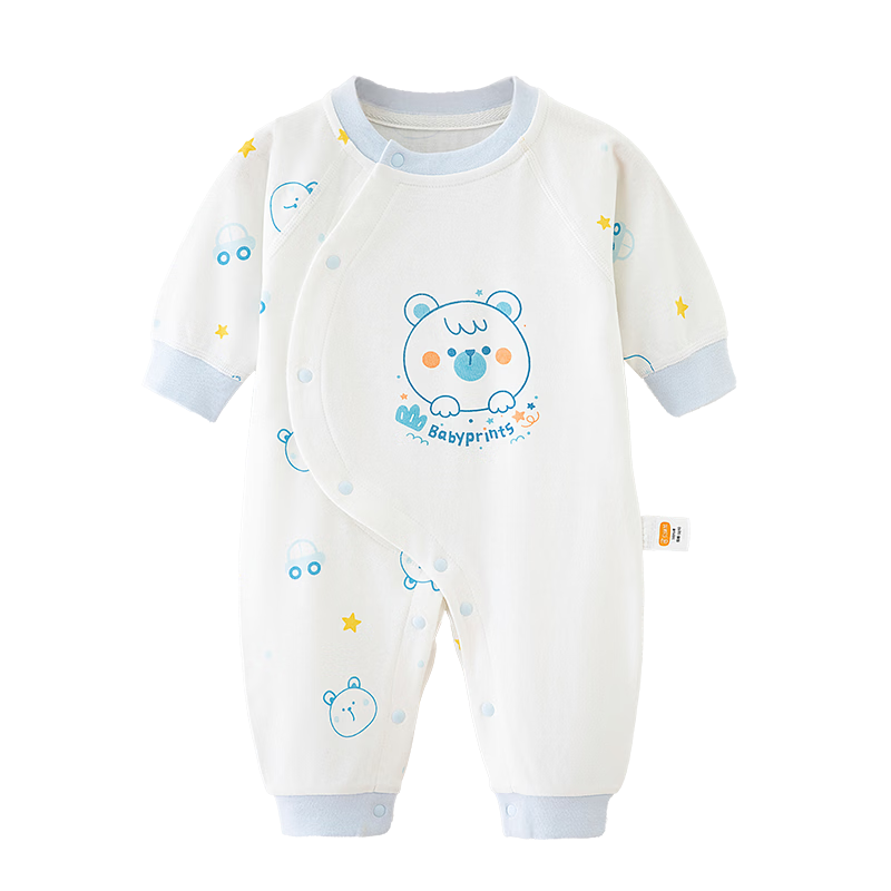 Babyprints Baby Romper, Infant All-Season Underwear, Long-Sleeve Bodysuit, Pure Cotton Class A Soft Clothing, Blue Bear Pattern, Size 80
