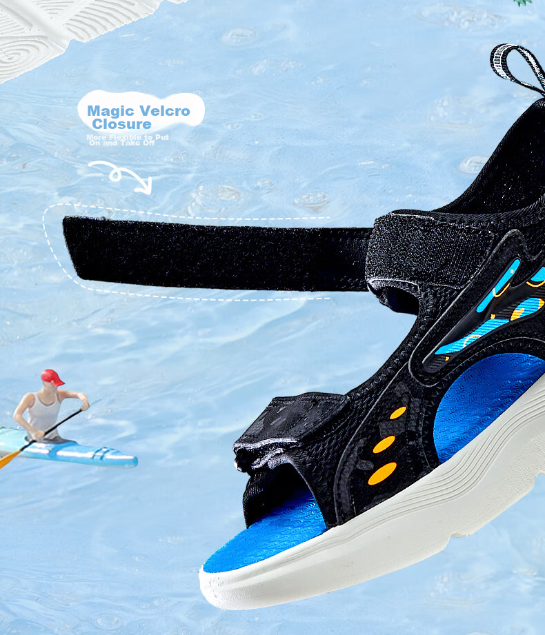 ERKE Children's Shoes, Boys' Sandals, Kids' Double-Layer Velcro Open-Toe Outdoor Sandals, Black/beach Blue, Size 34 10