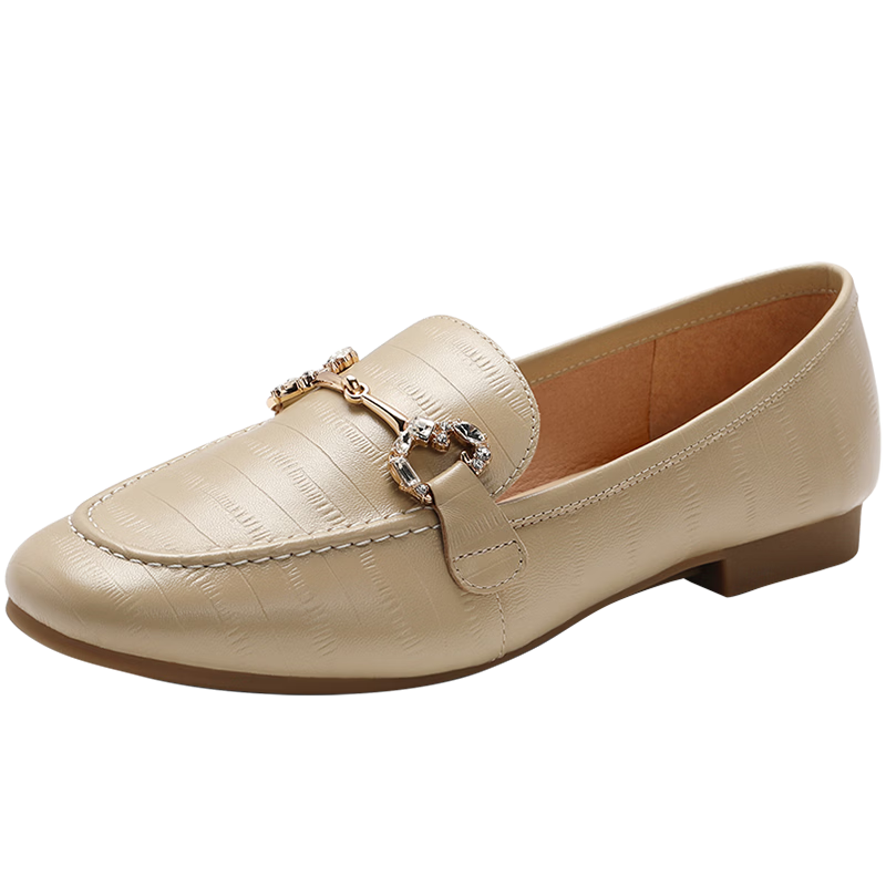 Belle Sheepskin English Style Loafers, Flat Leather Shoes for Women, Spring And Summer Small Leather Shoes, Retro Flats A7H1D, Apricot Color, Size 36
