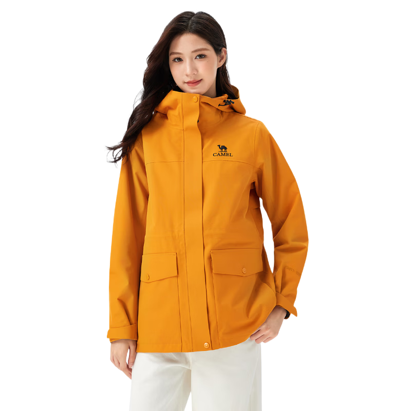 Camel Sunflower Yellow Mid-Length Women's 3-in-1 Waterproof Waist-Cinched Windbreaker Jacket
