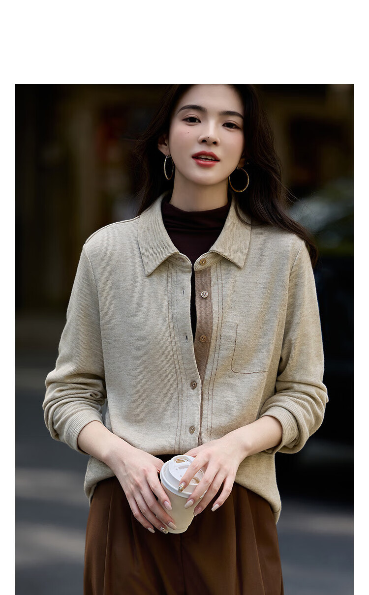 Dme Intellectual Style Spring Lapel Contrast Stitching Long Sleeve Shirt Colorblock Blouse Women's Top 6