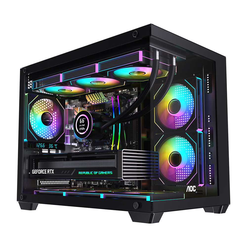 AOC CG392B Black MATX Gaming Desktop Computer Case, Supports 360mm Water Cooling, No Pillar 270° Panoramic View, 9 Fan Positions, Left And Right Compartment
