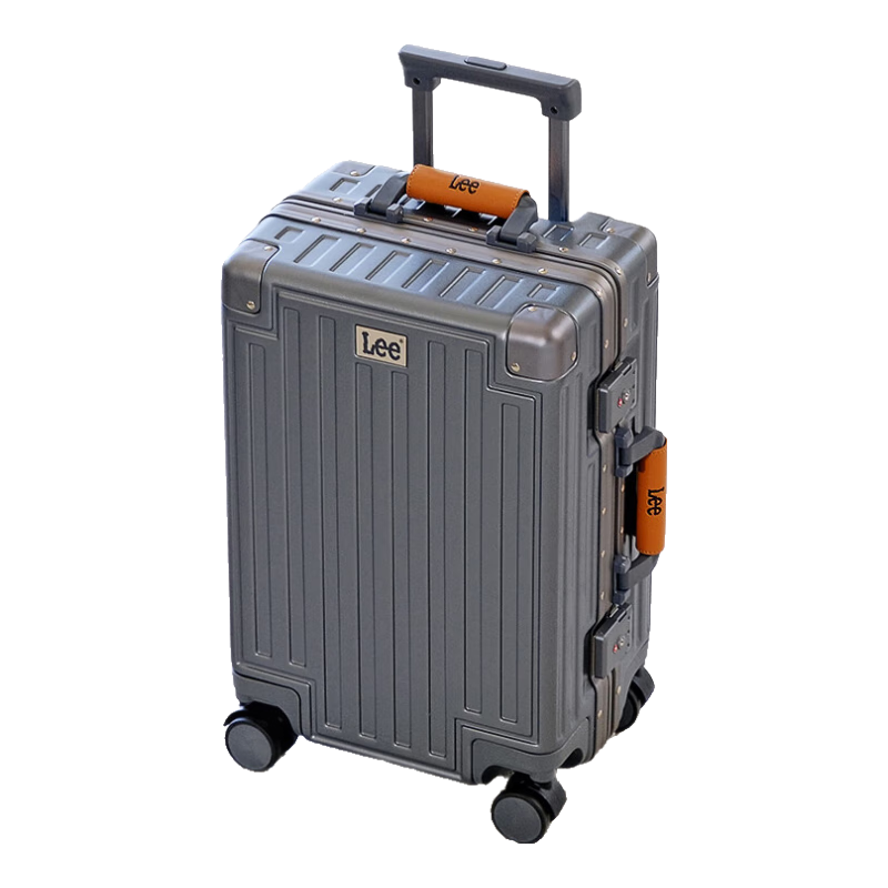 Lee Aluminum Frame Multifunctional Suitcase with Leather Handle, Large Capacity Password Lock Travel Case, Gunmetal Gray, 26 Inches