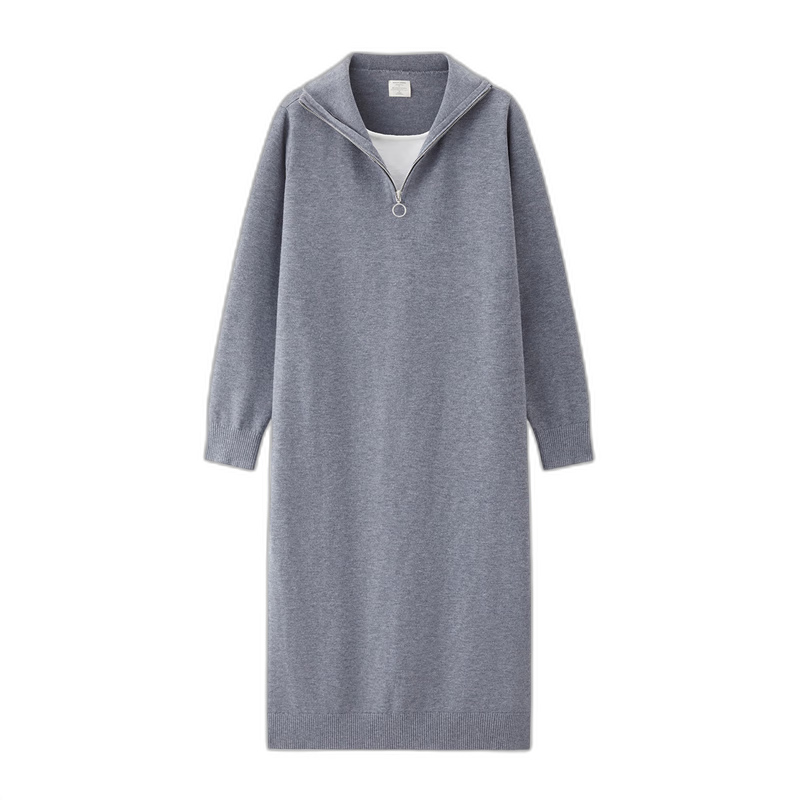 Giordano Women's Autumn Winter New Gray Two-Piece Style Color-Block Navy Collar Dress 05465858