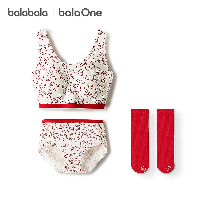 Balabala Girls' Underwear Gift Set - Red Kids' Panties, Vest, Anti-Exposure Bra, Skin-Friendly Socks for Developmental Stage, New Year Edition