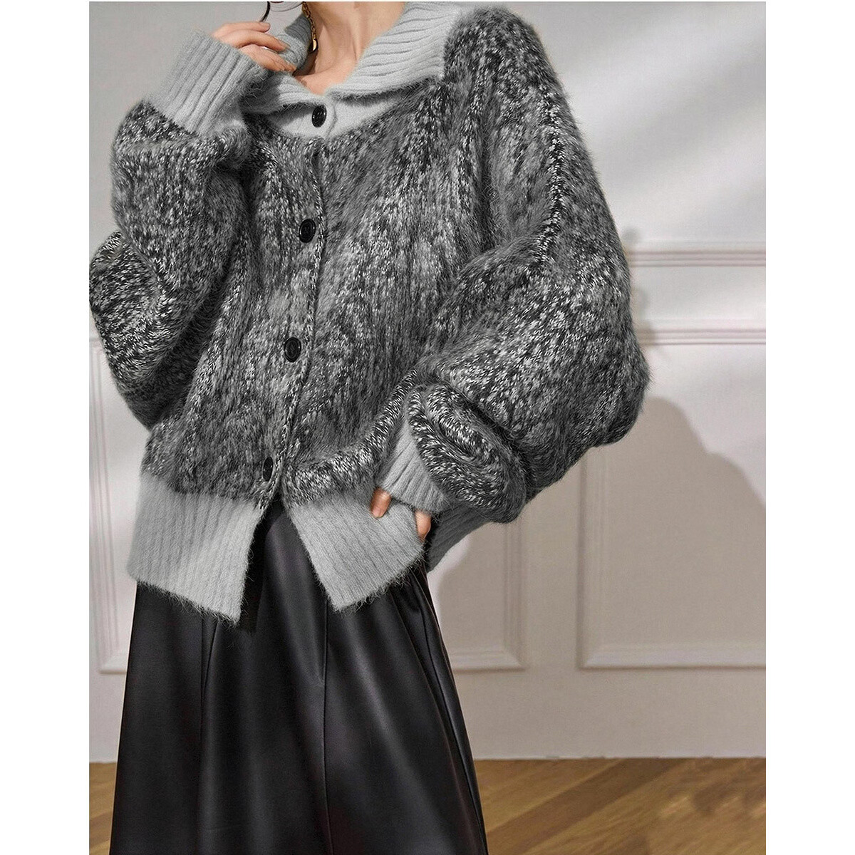 Demana Vintage Style Colorblock Lapel Cardigan with Fluffy Wool Winter Cozy Petite Knit Sweater for Women