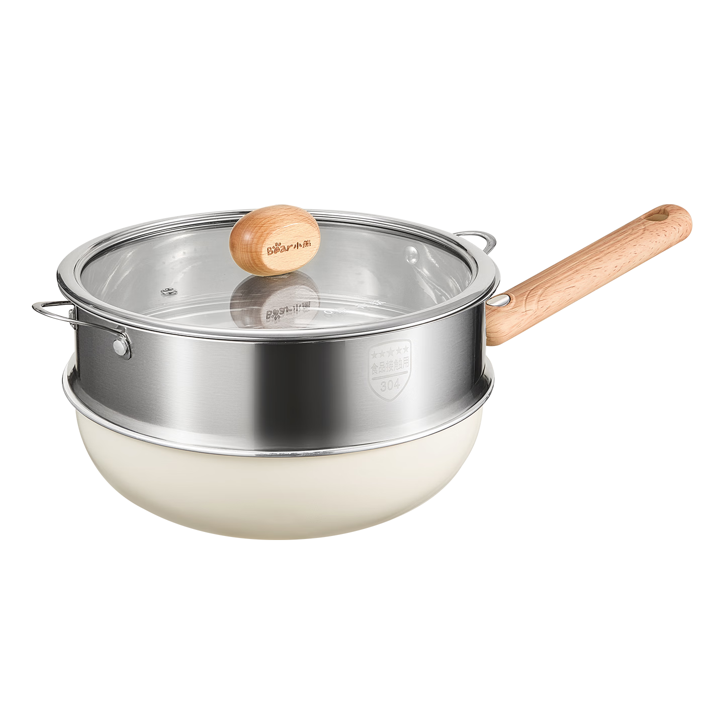 Bear Titanium-Containing Ceramic Wok with Steamer, Non-Stick Coating, Non-Fluorinated, Suitable for Induction And Gas Stoves, 24cm