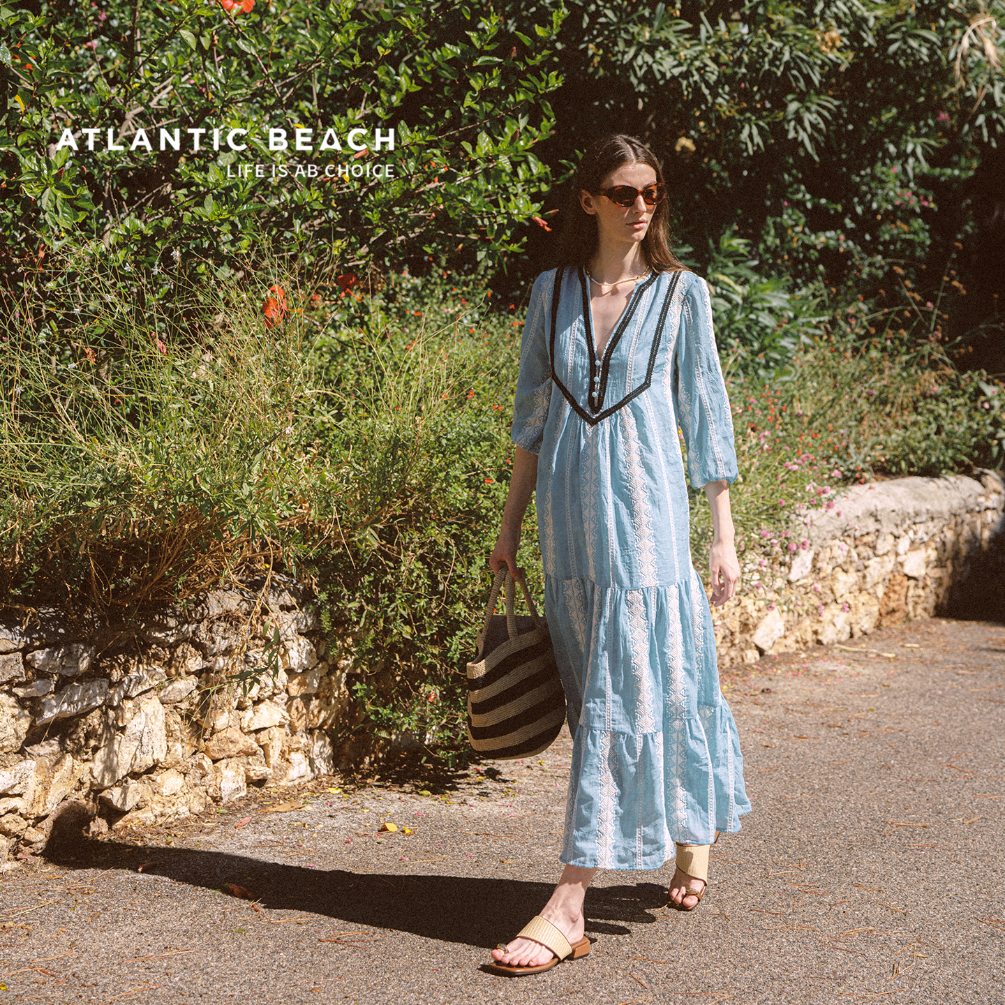 AtlanticBeach New French Style Seaside Vacation Dress Women Autumn Loose V-Neck Embroidered Mid-Length Cover-Up Sun Protection Wrap Dress