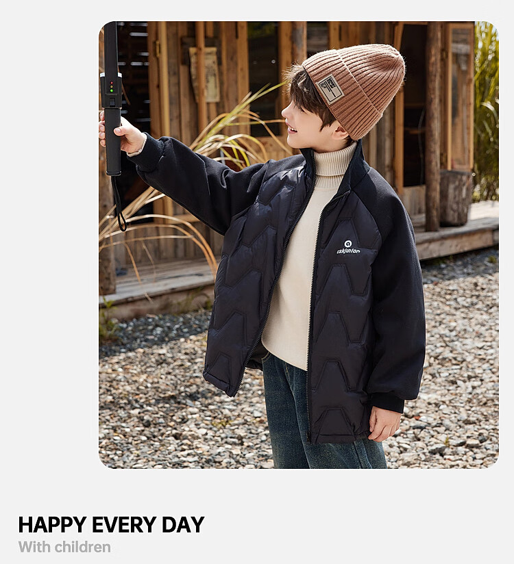 ASK JUNIOR Boys' Down Jacket Autumn Winter Warm 90% Down Raglan Sleeve Zip-up Coat Black 160cm 13