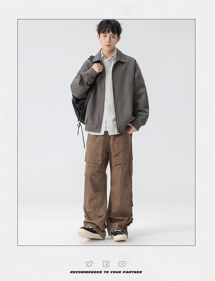 Foss Phil Men's Spring Autumn Casual American Style Loose Workwear Jacket with Turn-down Collar Black M 6768 13