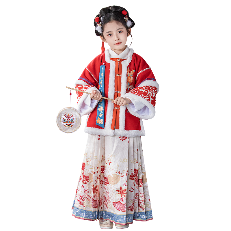 Romon Girls' Hanfu Winter New Year Outfit Thickened Chinese Style Ming Dynasty Performance Costume Red Size 130