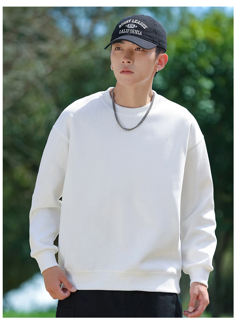 EASTERN CAMEL Men's Autumn Winter Crew Neck Solid Heavyweight Drop Shoulder Long Sleeve Outdoor Pullover Sweatshirt White XL 6