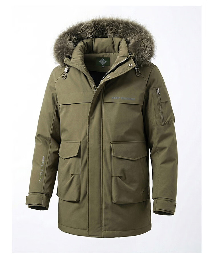JEEP SPIRIT Men's Down Jacket Autumn Winter Workwear Fur Collar Mid-Length Parka Military Green 4XL 4