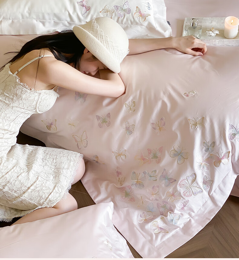 Demichel Class A 120-Count Embroidered Long-Staple Cotton Four-Piece Set, Pure Cotton French High-End Luxury All-Cotton Bedding Set with Duvet Cover And Bed Sheet, for 1.8/2 Meter Bed, Butterfly Pink 12