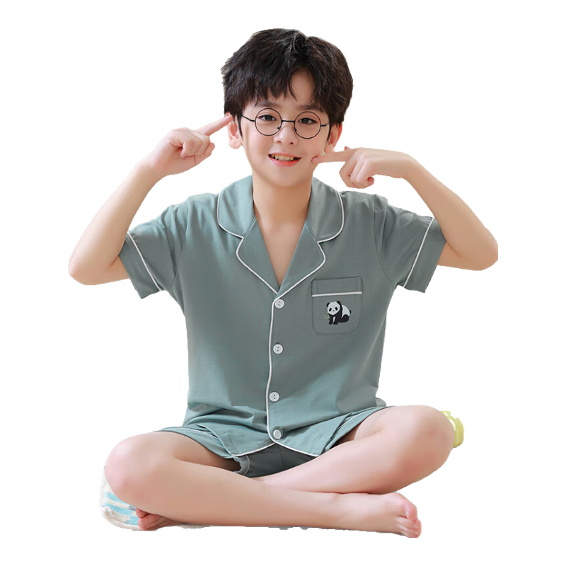 Hengyuanxiang Children's Pajamas, Boys' Pure Cotton Summer Lightweight Short-Sleeve Loungewear, Cardigan Sleepwear, Sleep Pants Set