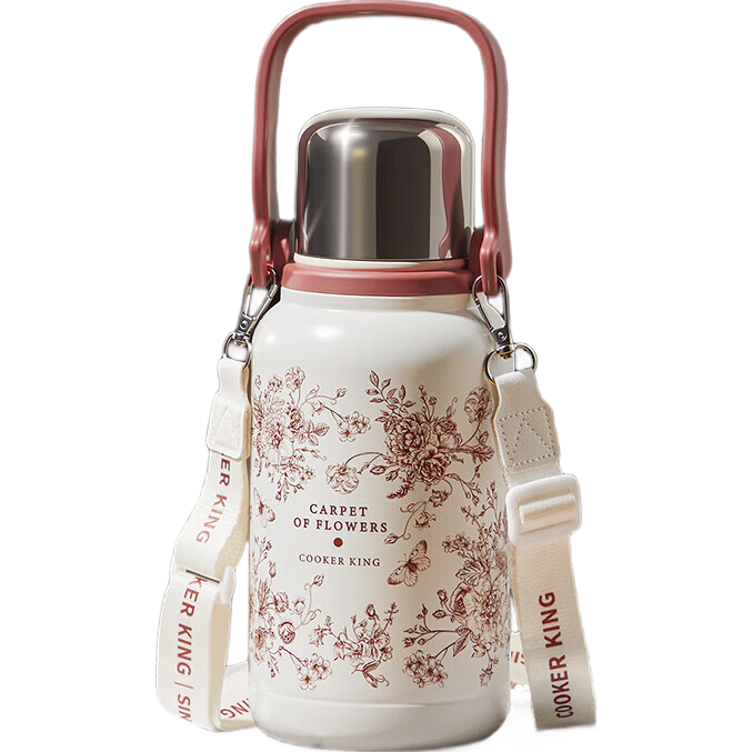 COOKER KING 316L Stainless Steel Insulated Thermos Large Capacity Water Bottle Home Outdoor Hot Water Flask 1.2L (Rose Holiday)