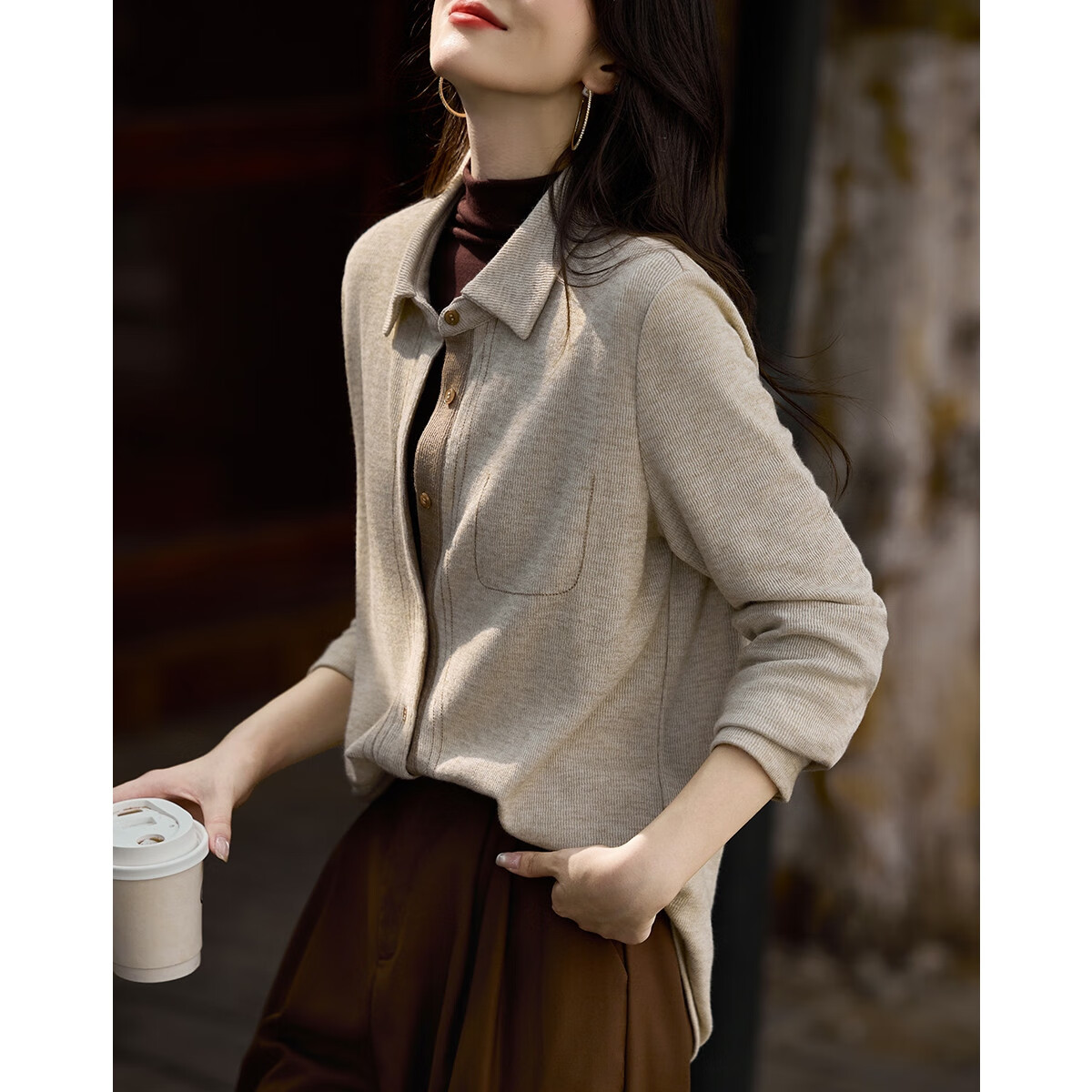 Dme Intellectual Style Spring Lapel Contrast Stitching Long Sleeve Shirt Colorblock Blouse Women's Top