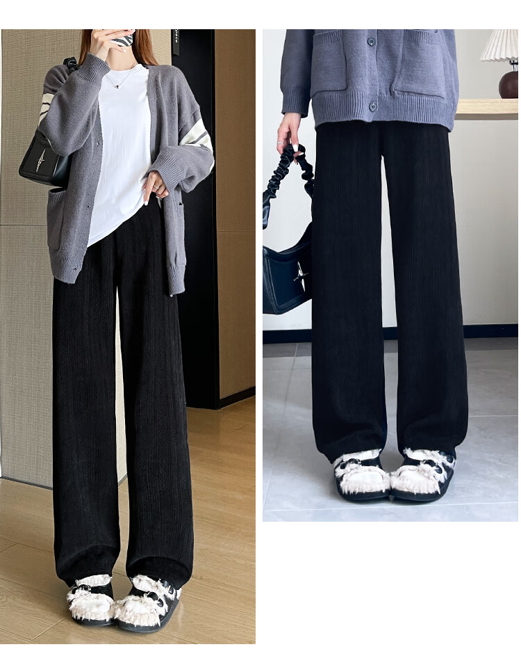 JEANSWEST Women's Casual Pants Autumn High Waist Loose Fit Straight Leg Wheat Ear Pattern European Cotton Velvet Wide Leg Pants Black XL 5