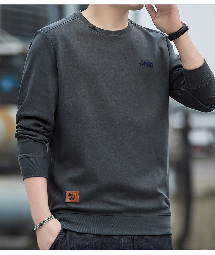 JEEP Men's Sweatshirt Autumn Winter Trendy Loose Long Sleeve T-Shirt Men's Base Layer Clothing Navy Blue Fleece Lined 3XL 1
